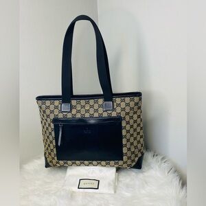 Gucci GG Supreme Canvas Tote with Black Leather Pockets and Trim. Cert of Auth